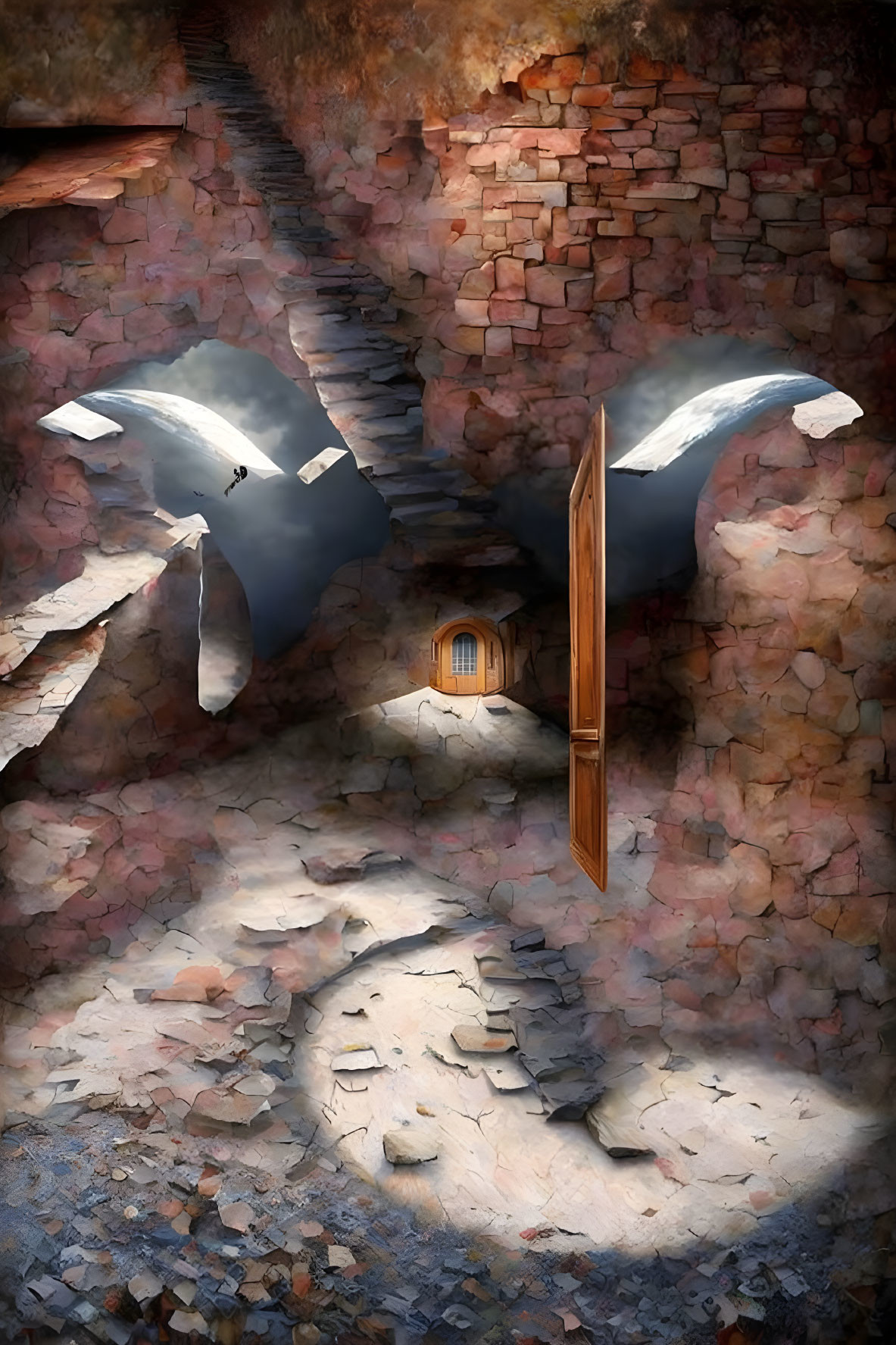 Surreal Escher-style staircase in brick cylinder with floating door and flying birds