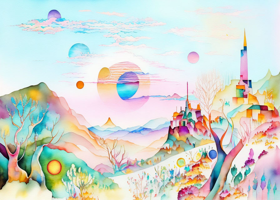 Fantasy landscape watercolor painting with vibrant hues and futuristic elements