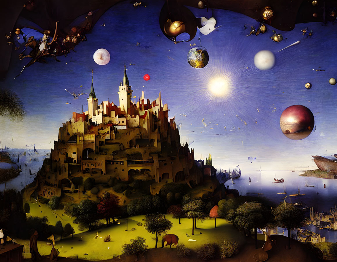 Fantastical landscape with central castle under night sky