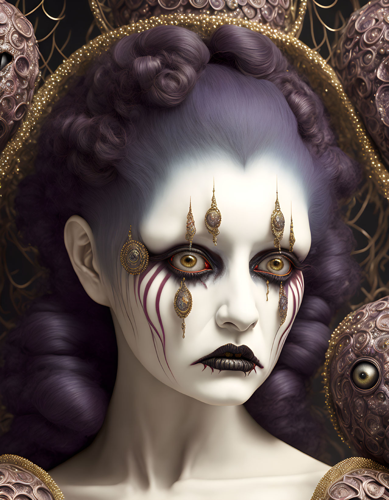 Gothic fantasy portrait of pale woman with purple hair and ornate gold jewelry