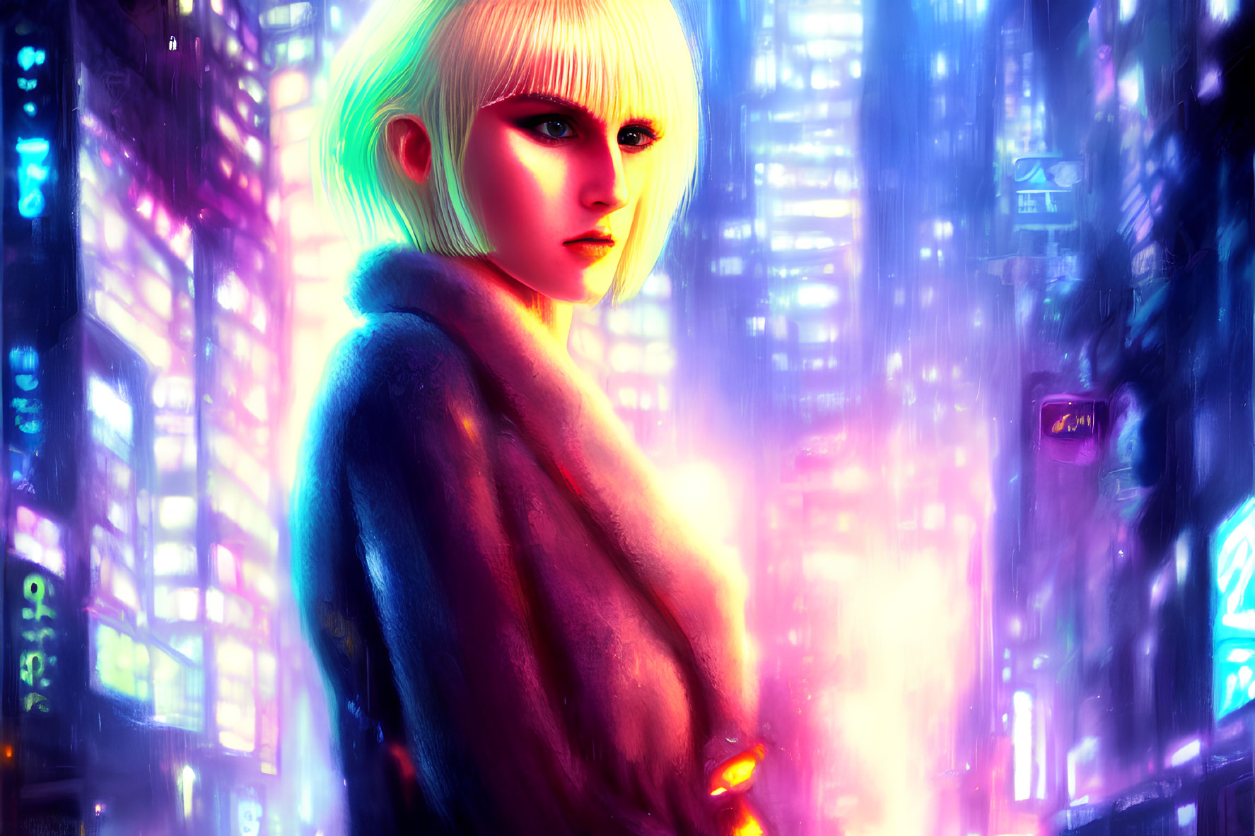 Digital artwork: Woman with platinum blonde hair in neon-lit cyberpunk city.