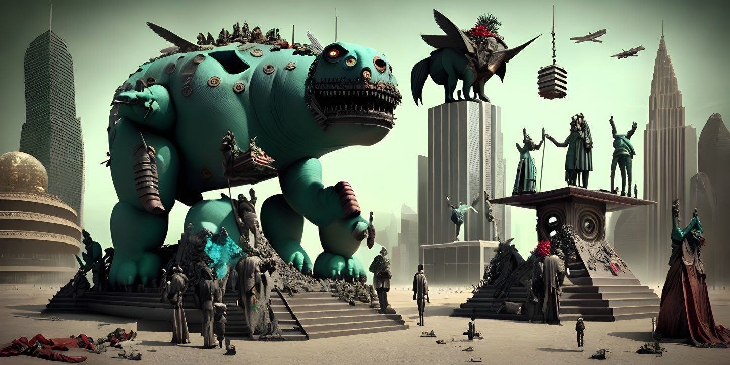 Futuristic cityscape with giant creatures, flying vehicles, and leader statues