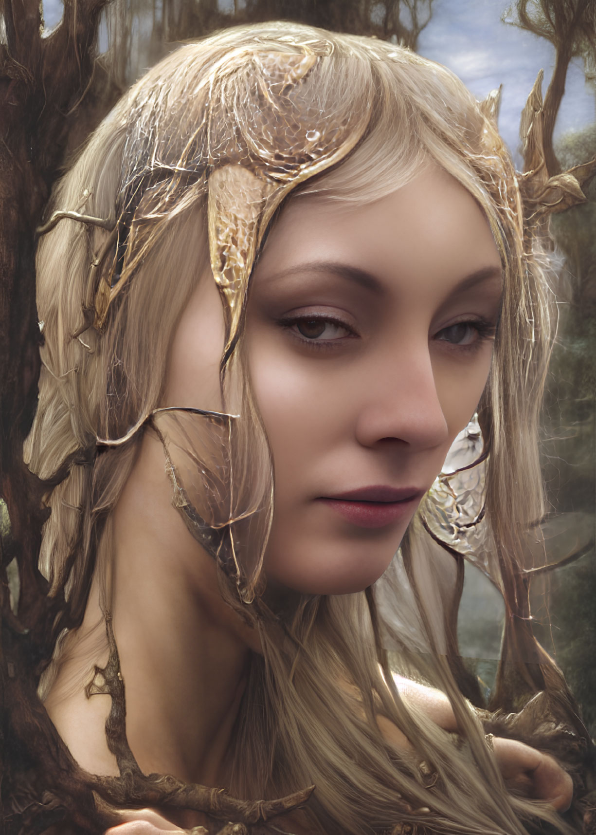 Ethereal woman with golden leaf adornments and intricate earrings in nature.