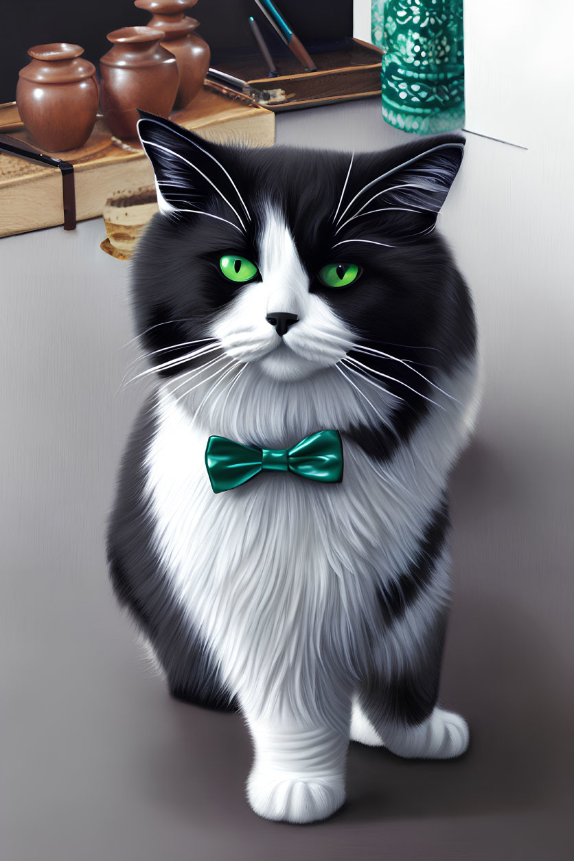 Black and white cat with green eyes wearing teal bow tie surrounded by pottery and art supplies