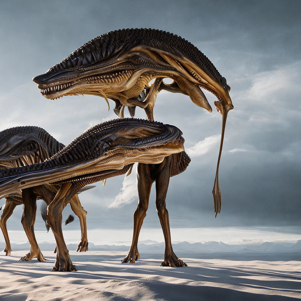 Realistic CGI renderings of dinosaur-like creatures in desert landscape