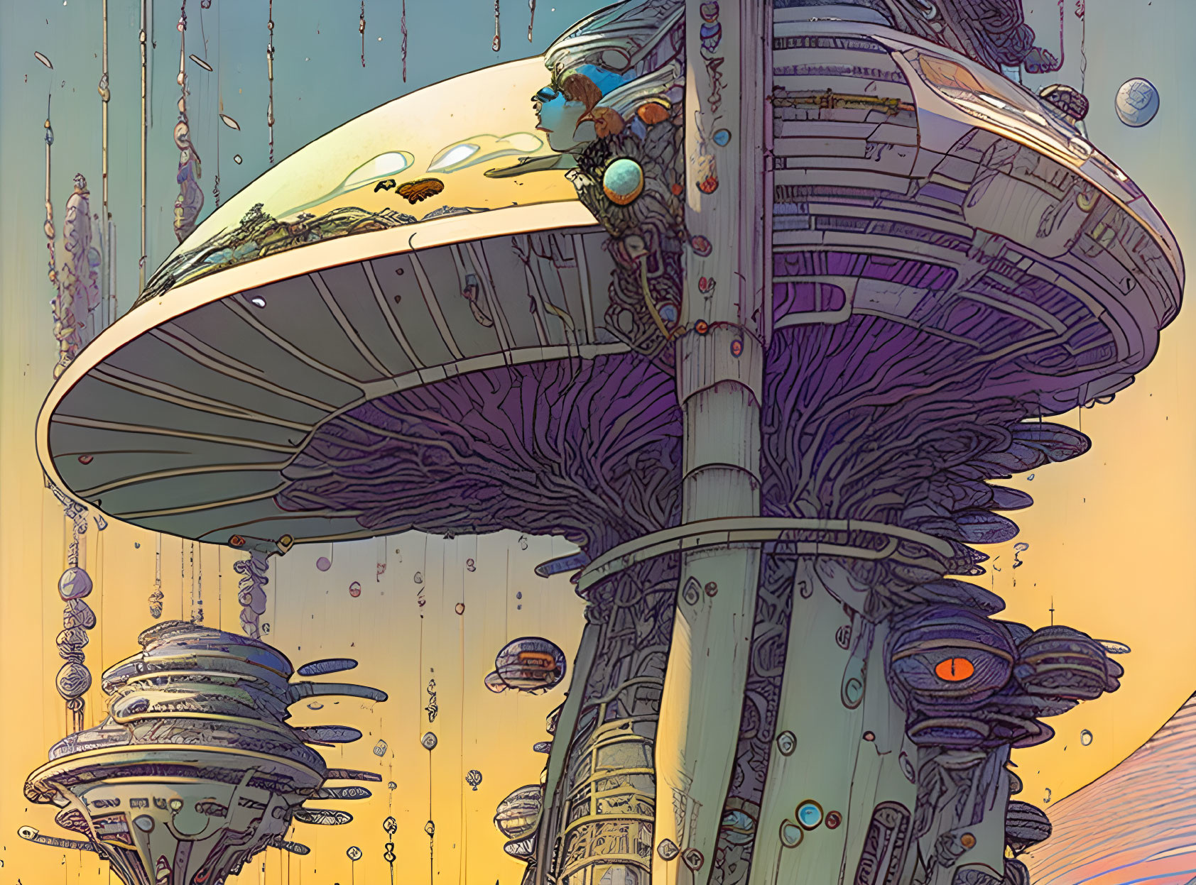 Alien city with mushroom-like towers in yellow sky