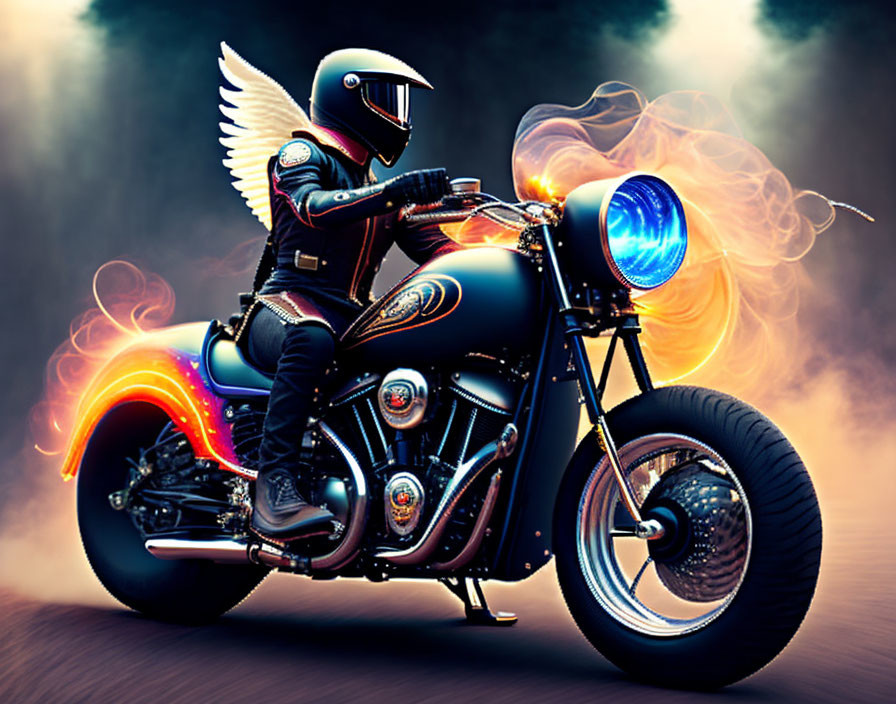 Custom motorcycle rider with wings and glowing elements in futuristic style