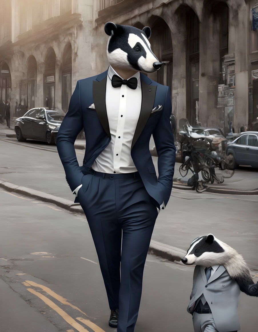 Anthropomorphic badgers in sharp suits stroll city street