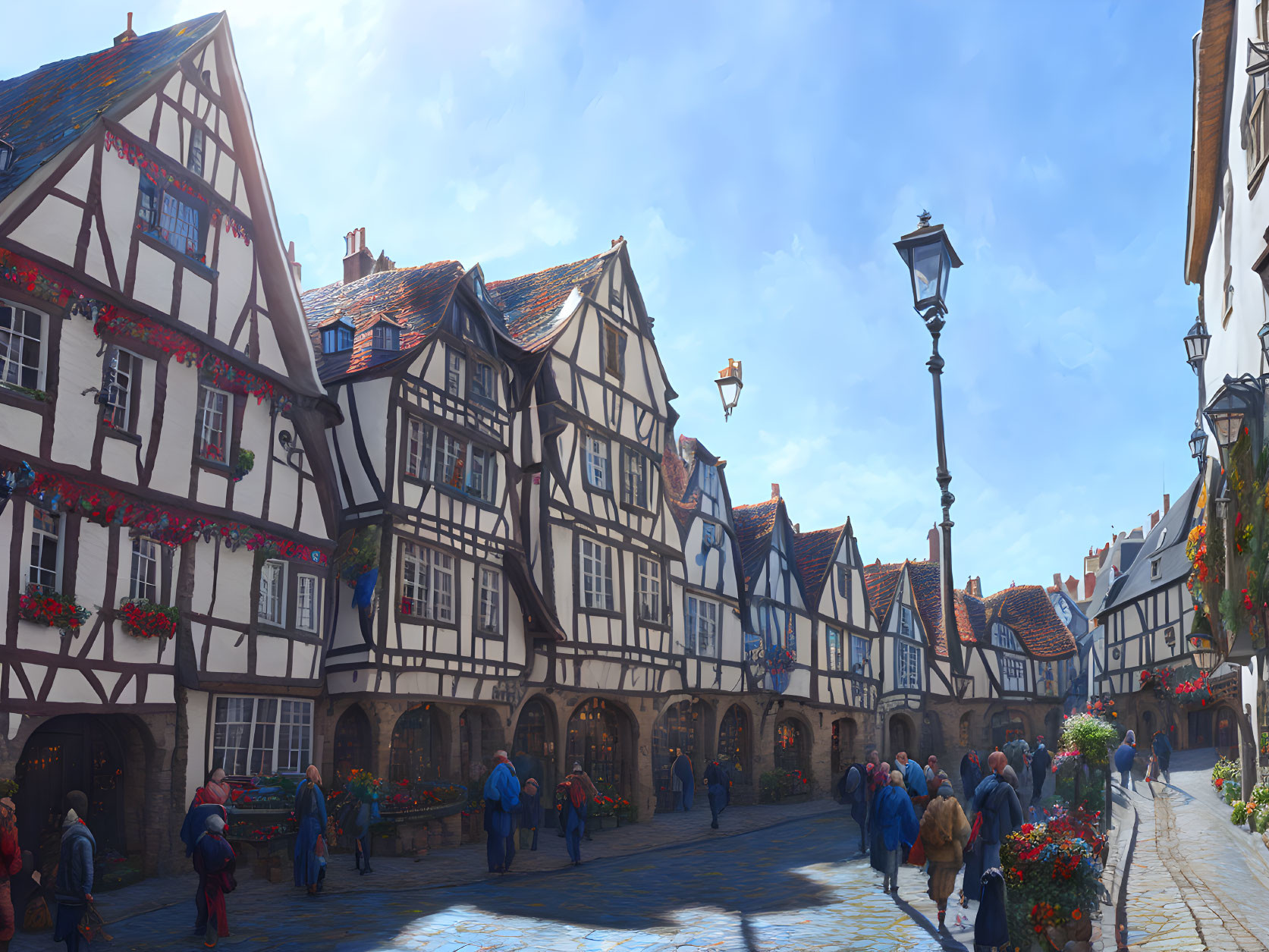 Traditional European street scene with half-timbered houses and flower boxes.