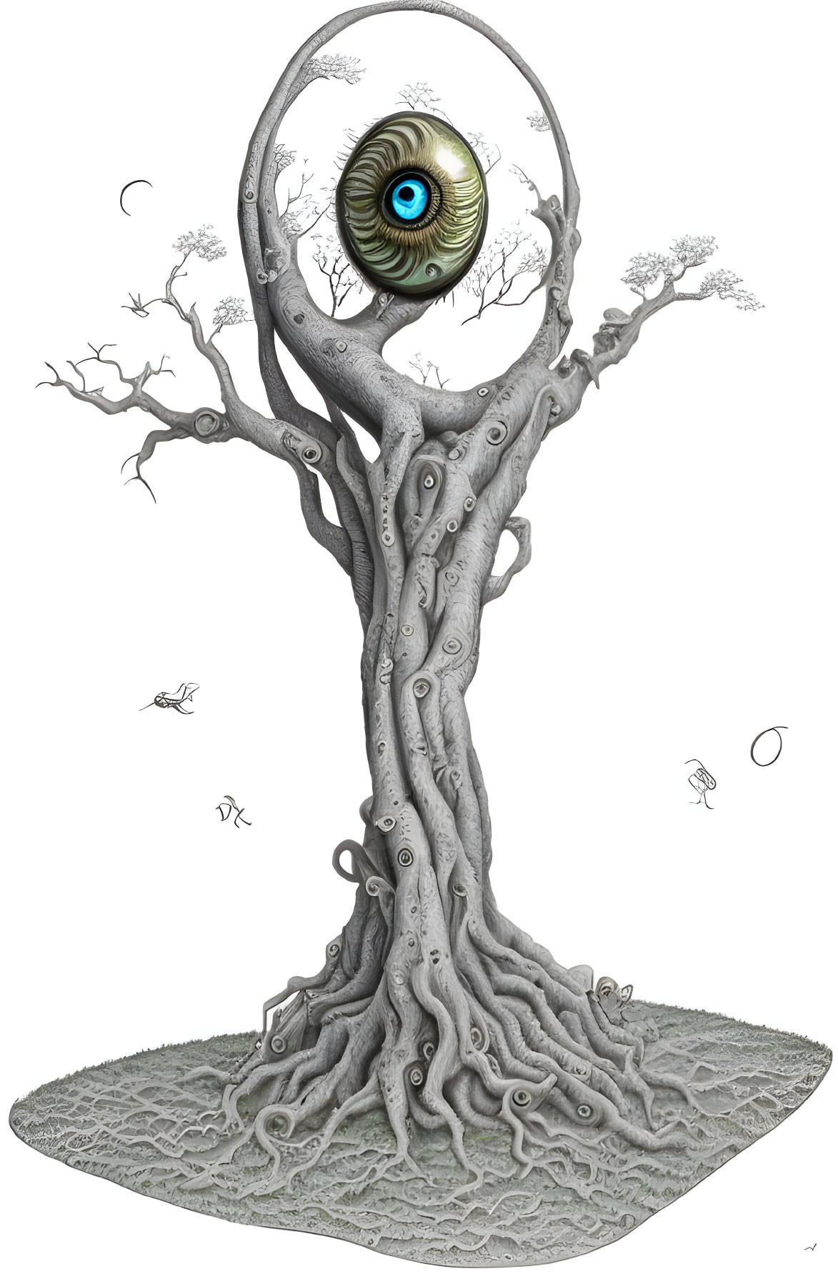 Surreal illustration of tree with eye patterns in desolate landscape