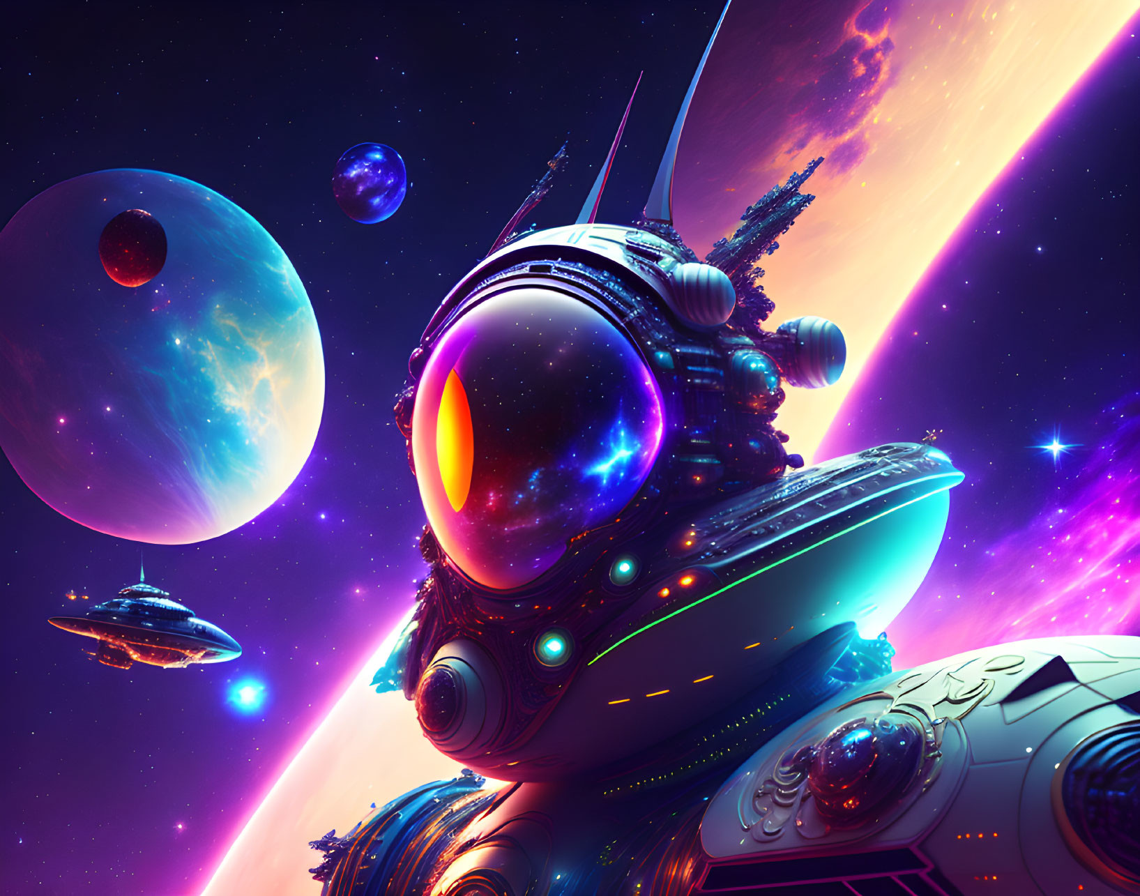 Colorful space scene with futuristic astronaut in reflective helmet