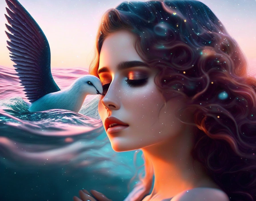 Digital Artwork: Serene Woman with Bird in Vibrant Sunset Ocean