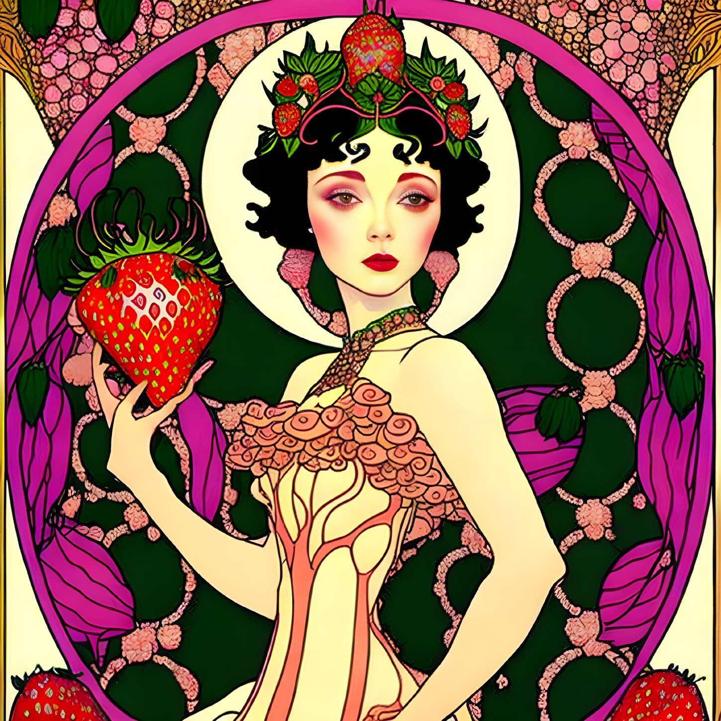 Detailed Art Nouveau Woman Illustration with Strawberry and Floral Motifs