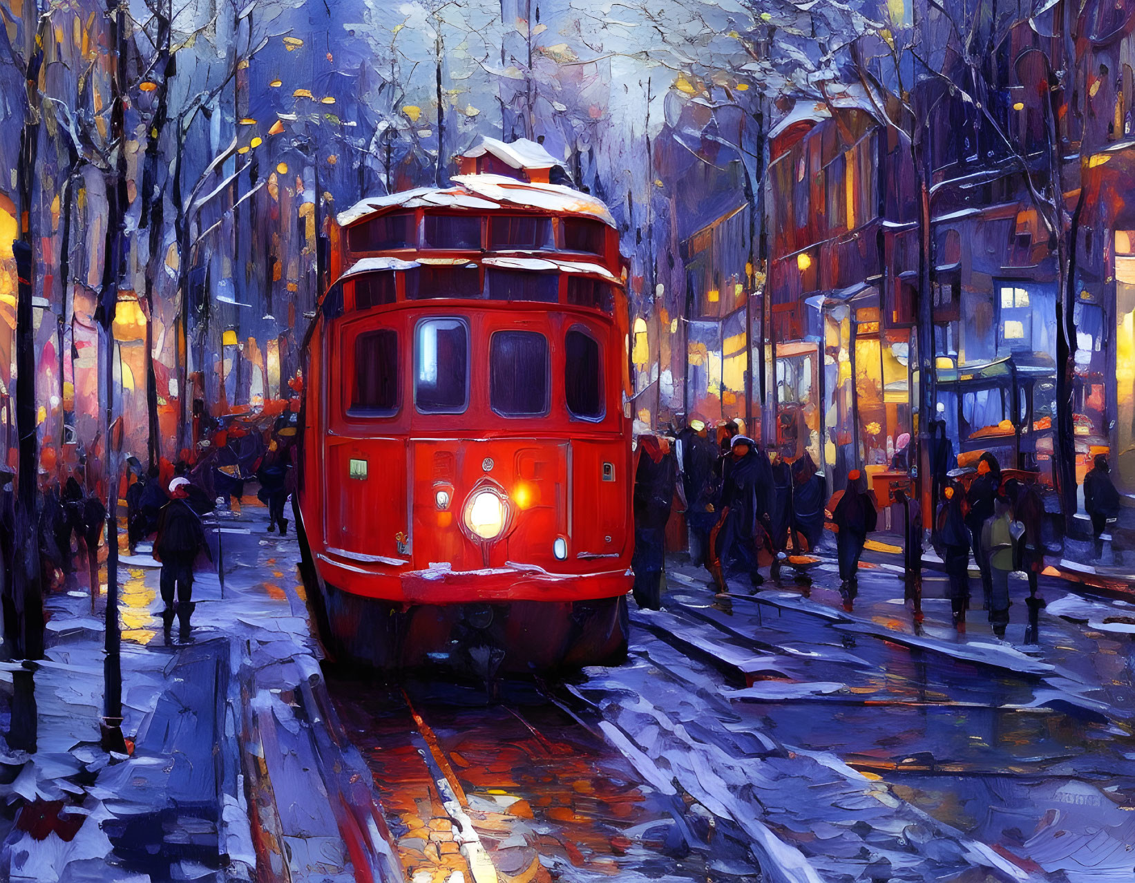 Winter cityscape painting: red tram on snowy tracks with bustling people and illuminated trees