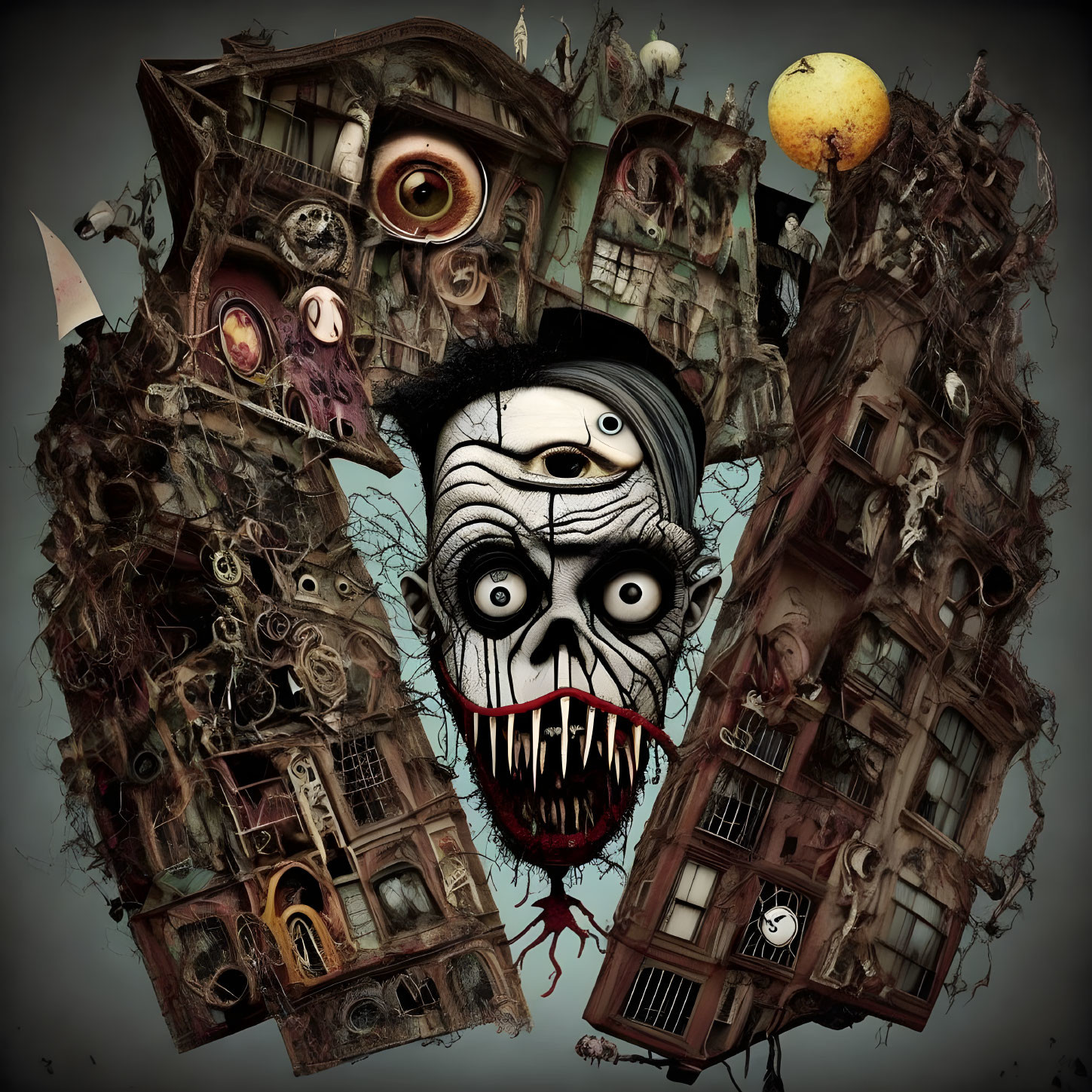 Surreal Artwork: Monstrous Face, Twisted Buildings, Yellow Moon