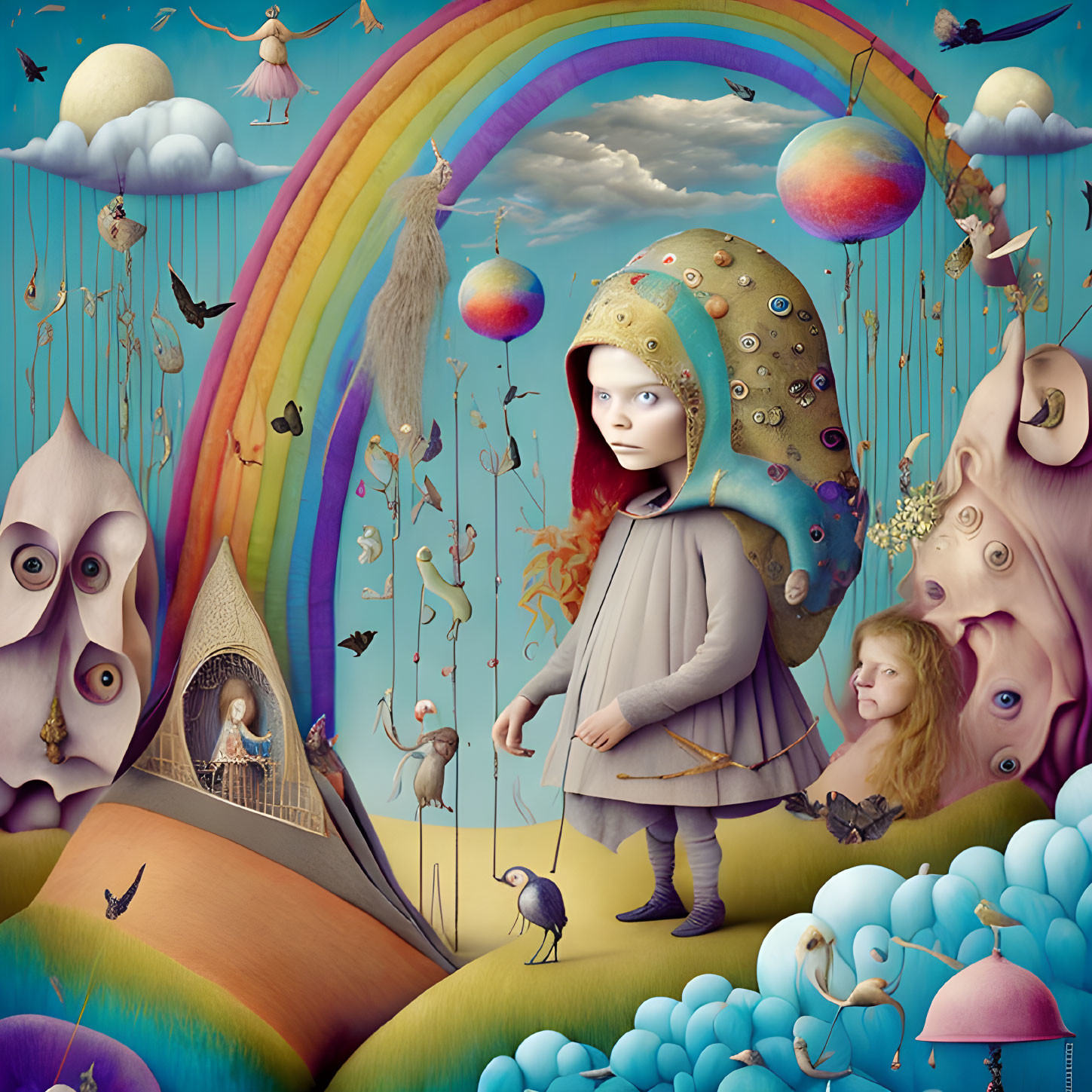 Colorful surrealistic artwork featuring child, dolls, creatures, rainbow, planets, storks.