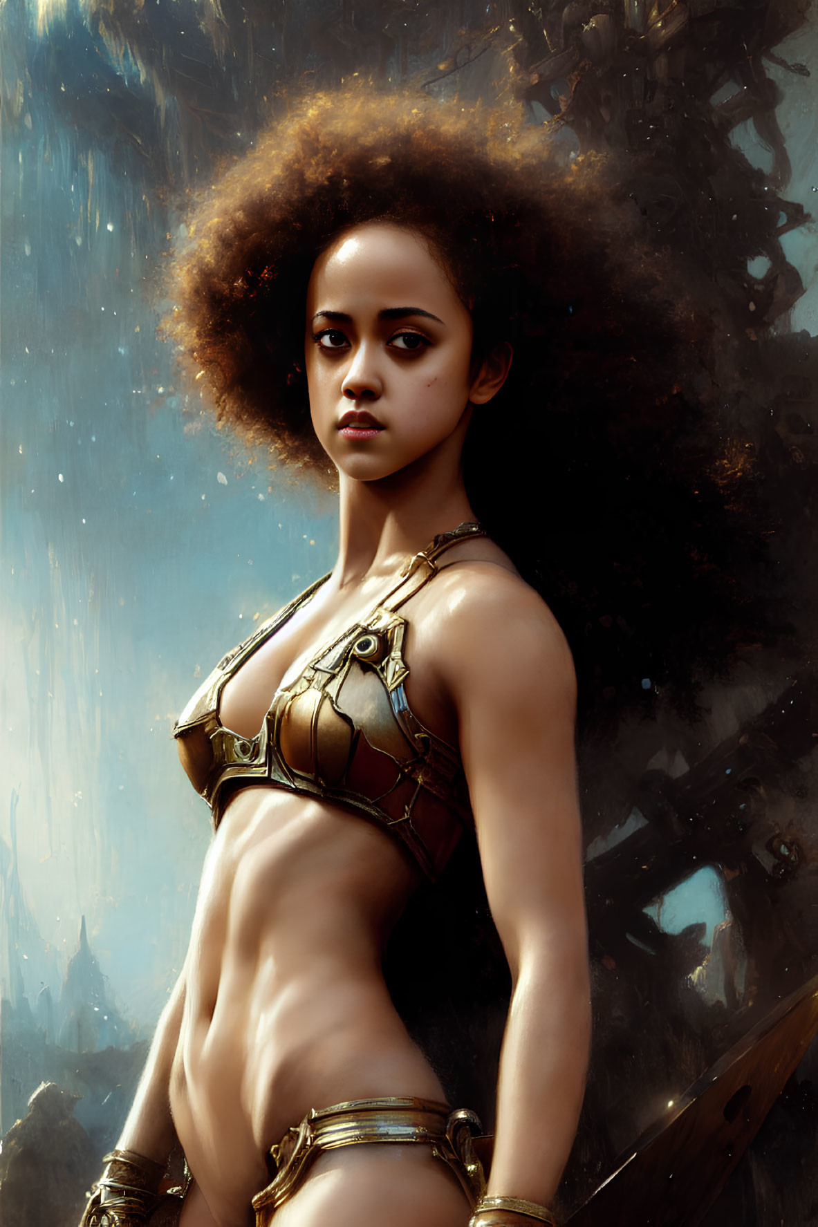 Confident woman in golden armor with afro against fantastical backdrop