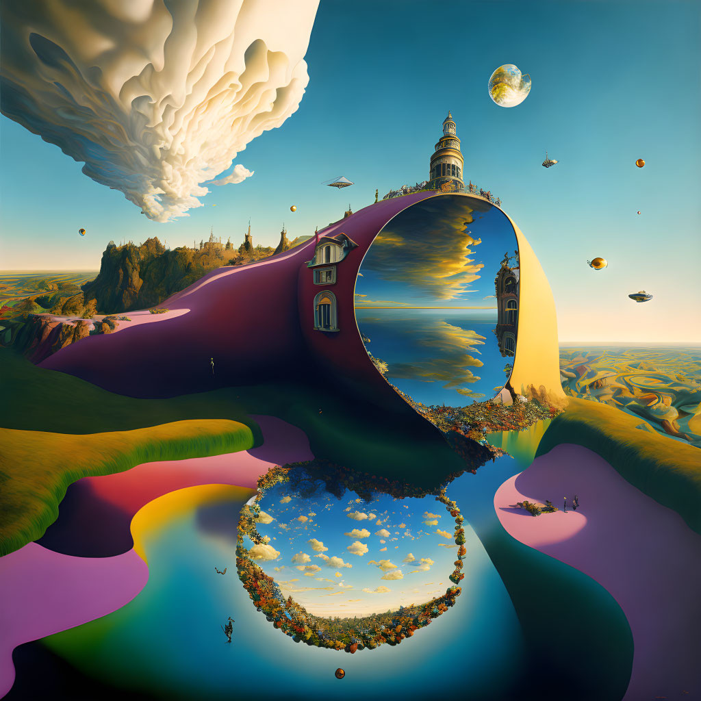 Surreal landscape with reflective sphere, inverted town, colorful terrains, flying ships, moon