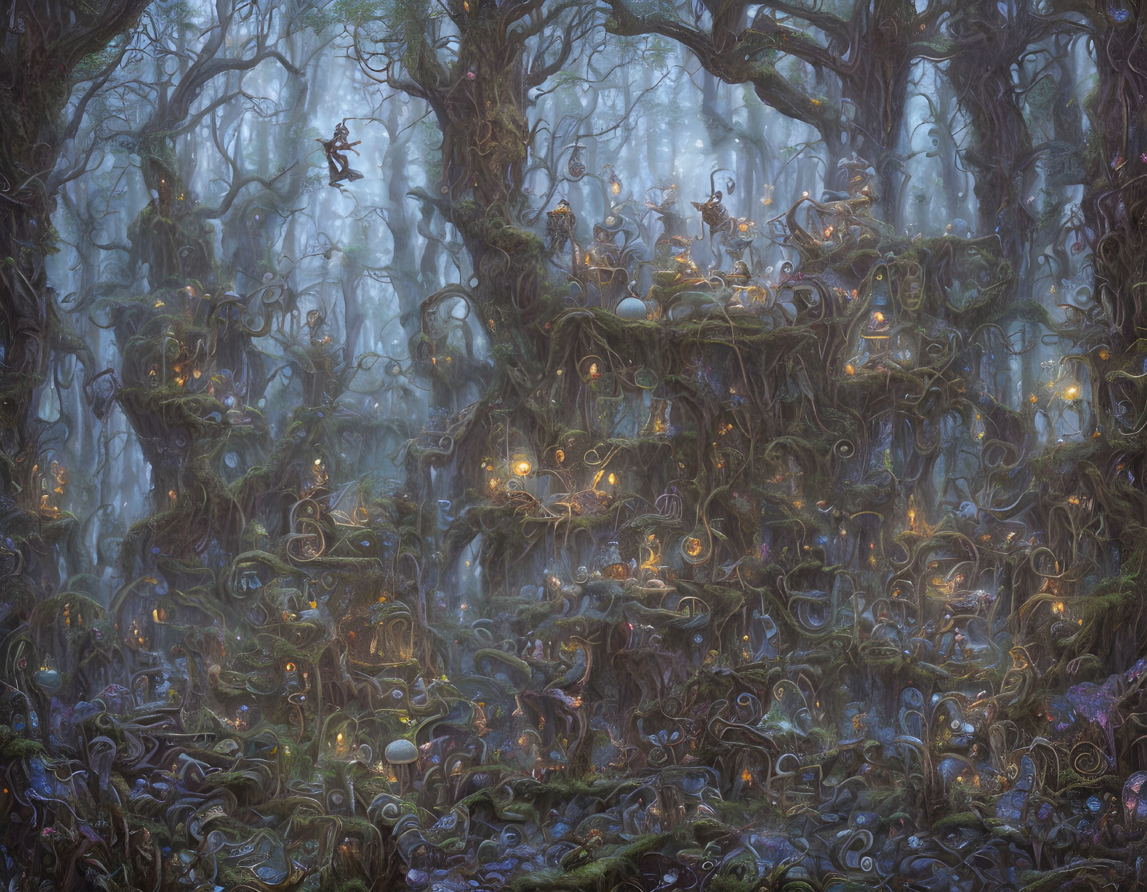 Twilight forest with glowing lanterns, twisted trees, and whimsical creatures