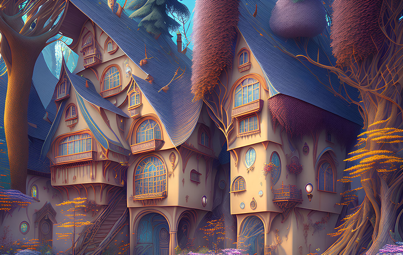 Fantasy house with turrets in magical forest in purple and blue hues