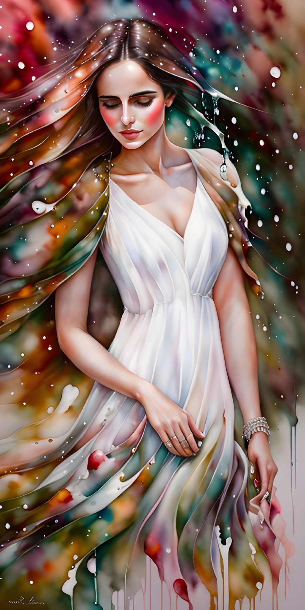 Woman in flowing white dress with brown hair and sparkles on colorful abstract background