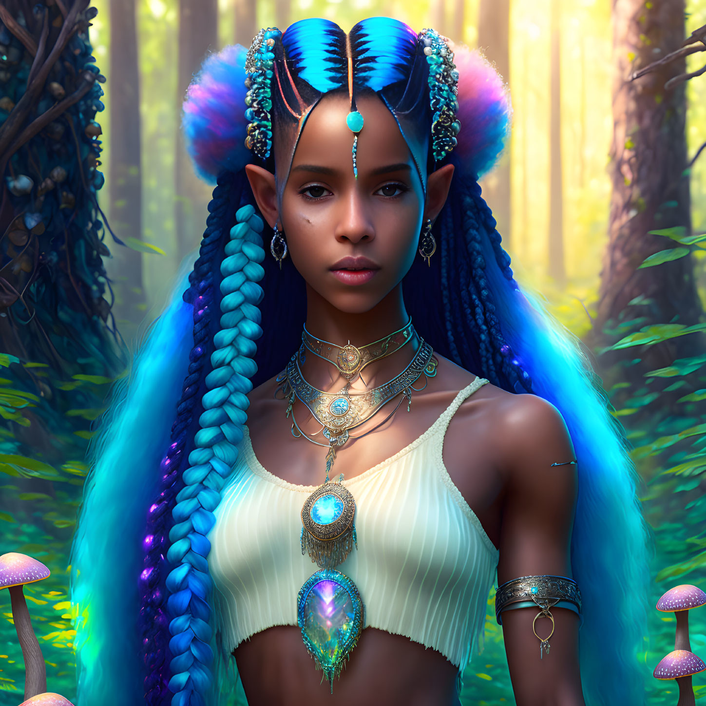 Fantasy portrait: Woman with blue braided hair in mystical forest