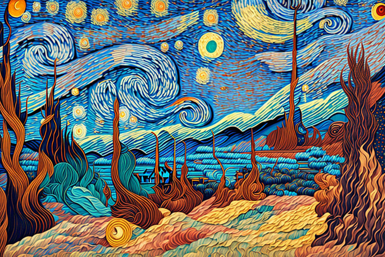 Colorful landscape painting with swirling skies, expressive stars, and elongated trees in bold colors.