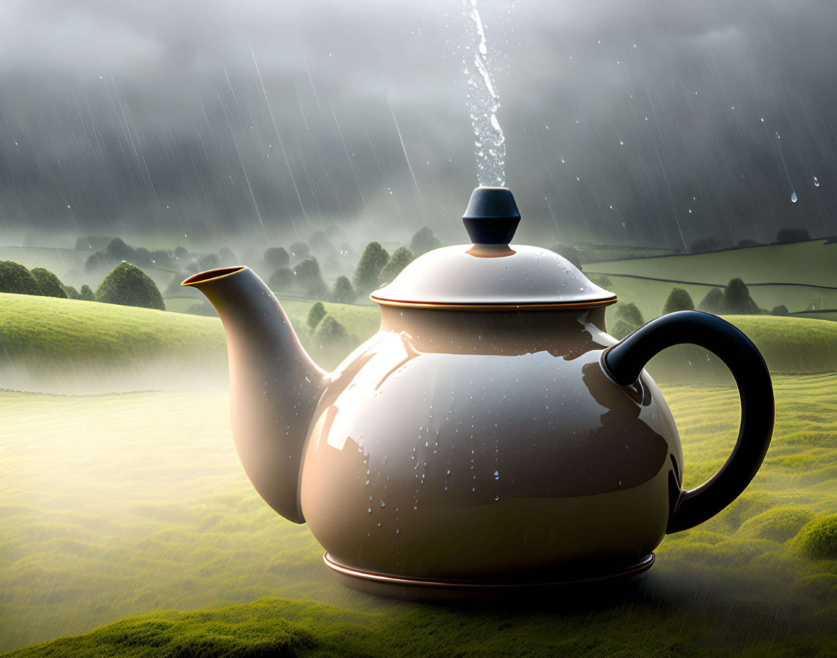 Shiny teapot with streaming water on grassy hills under rainy sky