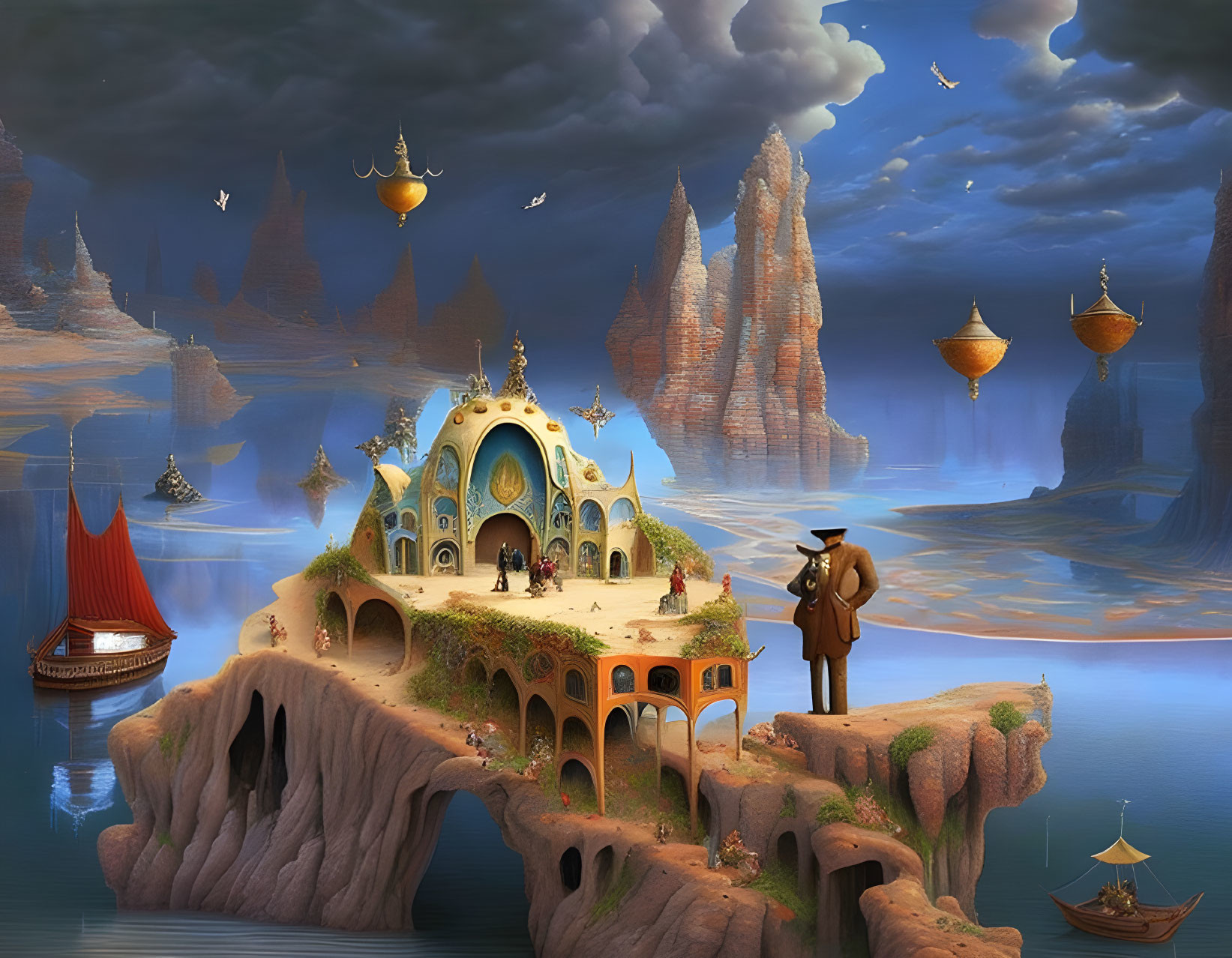 Fantastical landscape with floating islands and airships