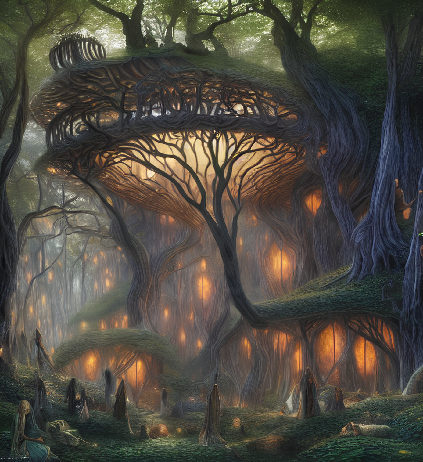 Mystical forest with glowing lights and ethereal figures