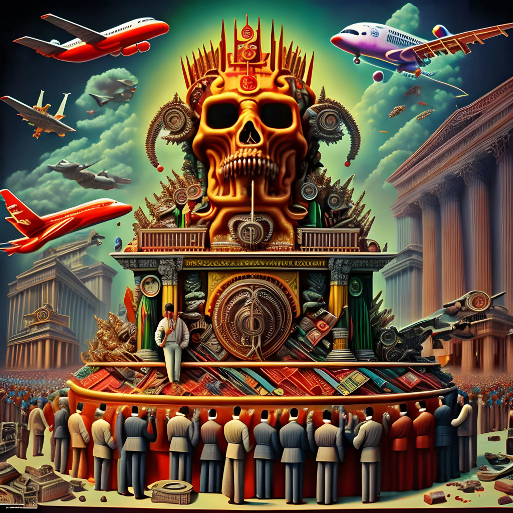 Surreal illustration of large skull with gold, money, crowds, and architecture