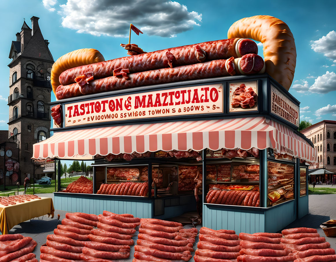 Whimsical sausage shop with oversized sausages and red airplane by classic building