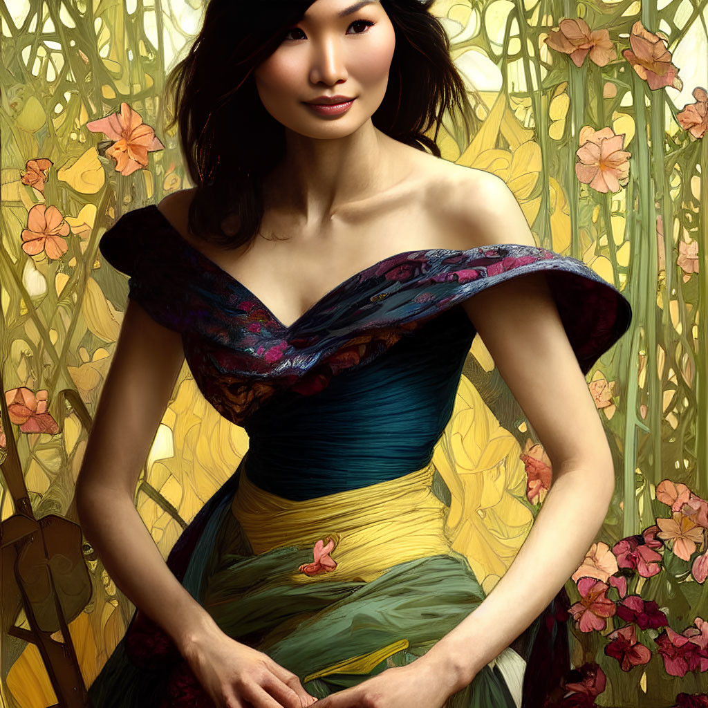 Illustrated woman in colorful off-shoulder dress with dark hair amidst golden flowers