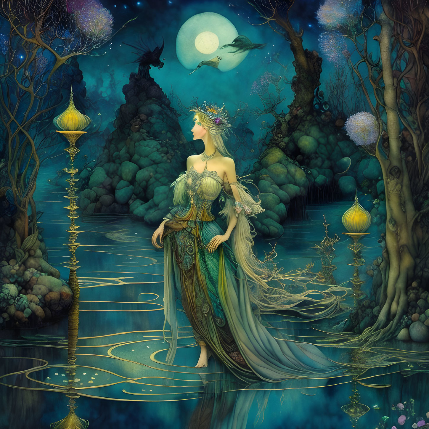 Mystical female figure in forest pond under full moon