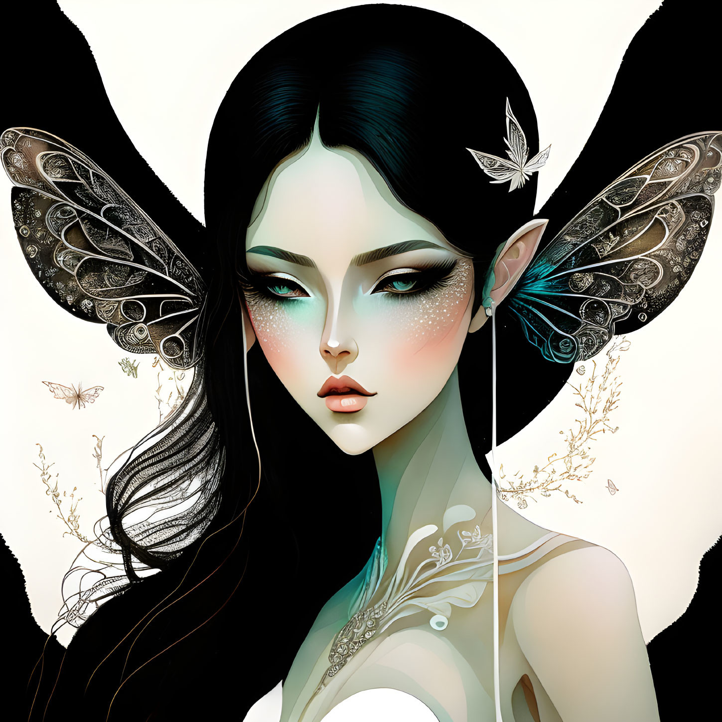 Mystical fairy with dark hair, translucent wings, pale skin, and butterflies.