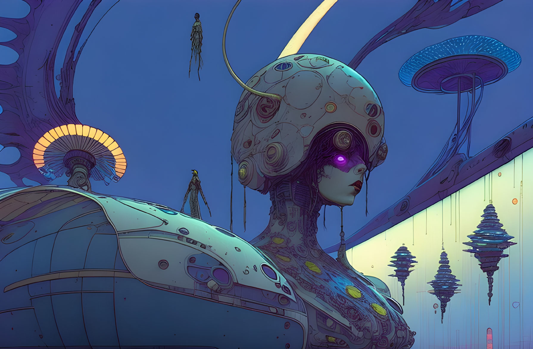 Robotic humanoid gazes at futuristic cityscape with floating mushroom structures and jetpack figures at twilight.