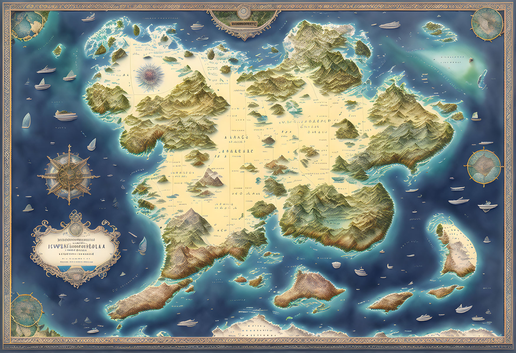 Vintage-style illustrated map with mythical lands, sea monsters, ships, and compass rose.