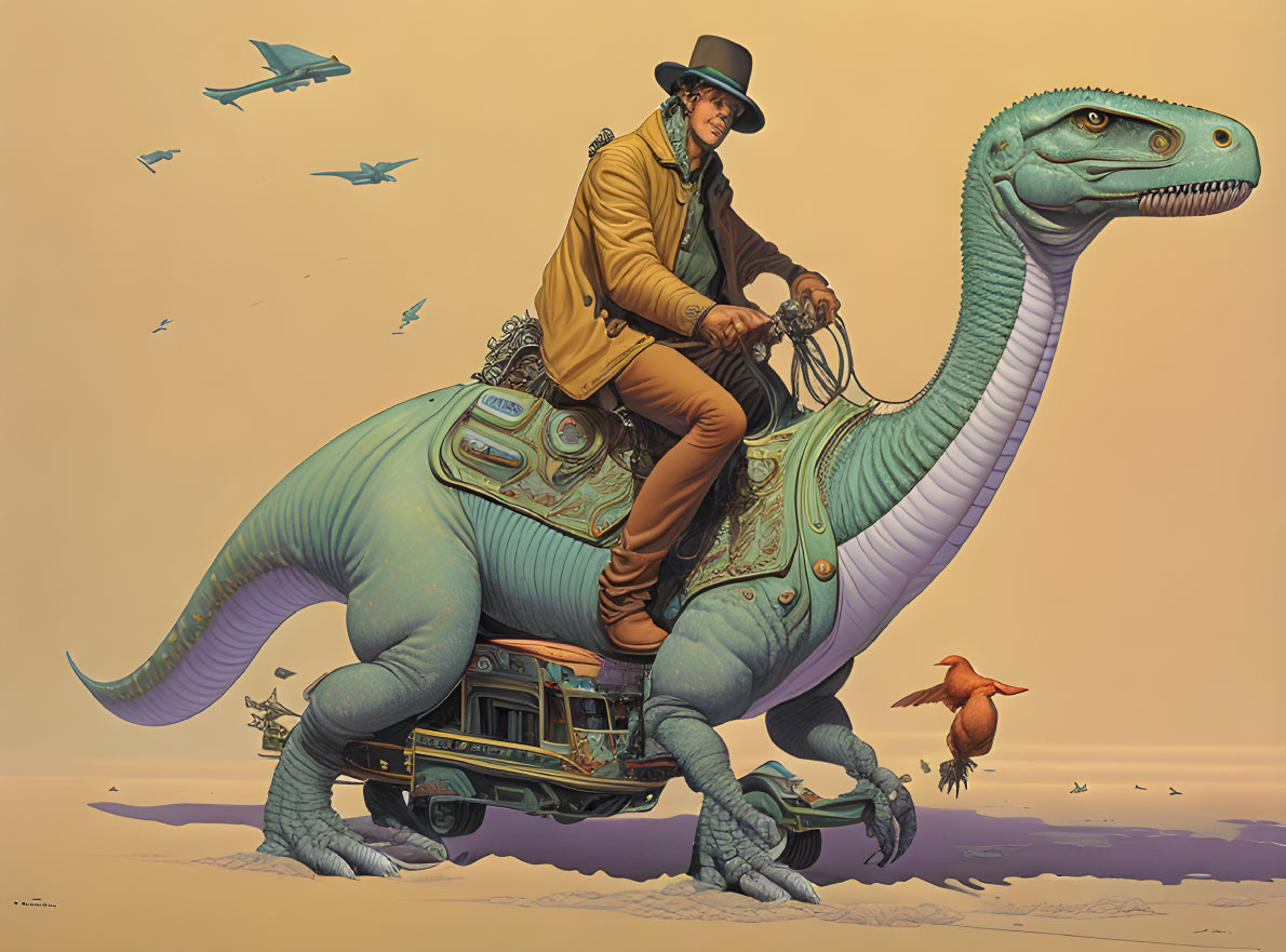 Adventurer on dinosaur-like creature amidst flying planes and bird