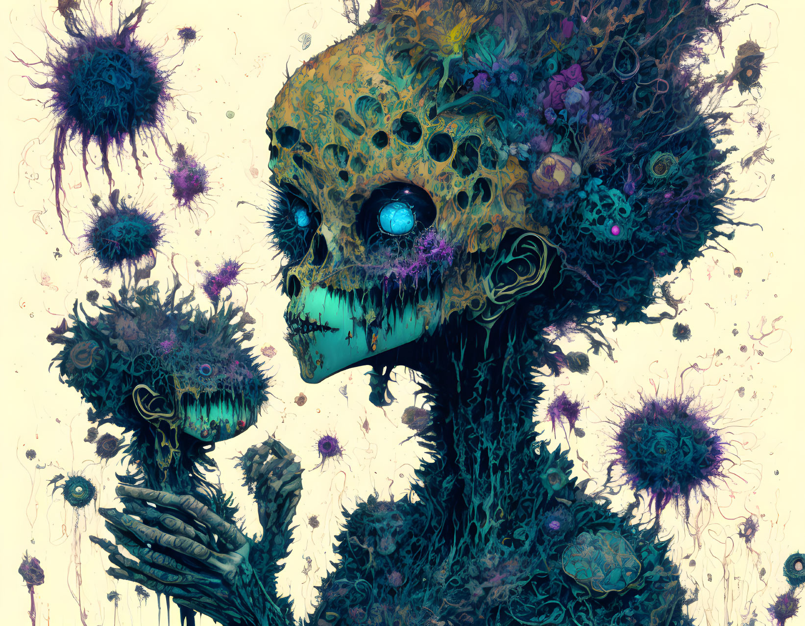 Skull intertwined with celestial flora and orbs in fantasy artwork