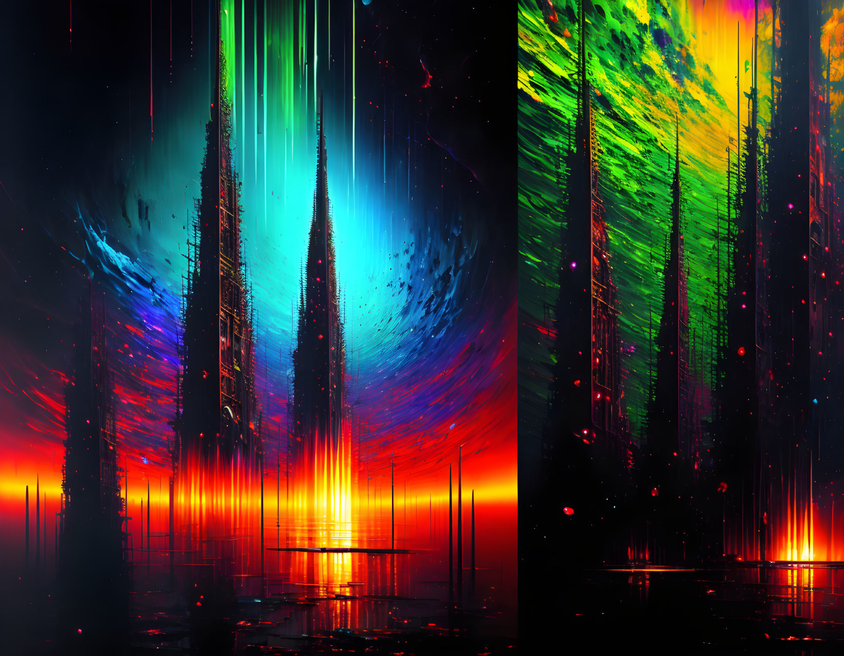 Colorful neon streaks transform into futuristic cityscape reflections