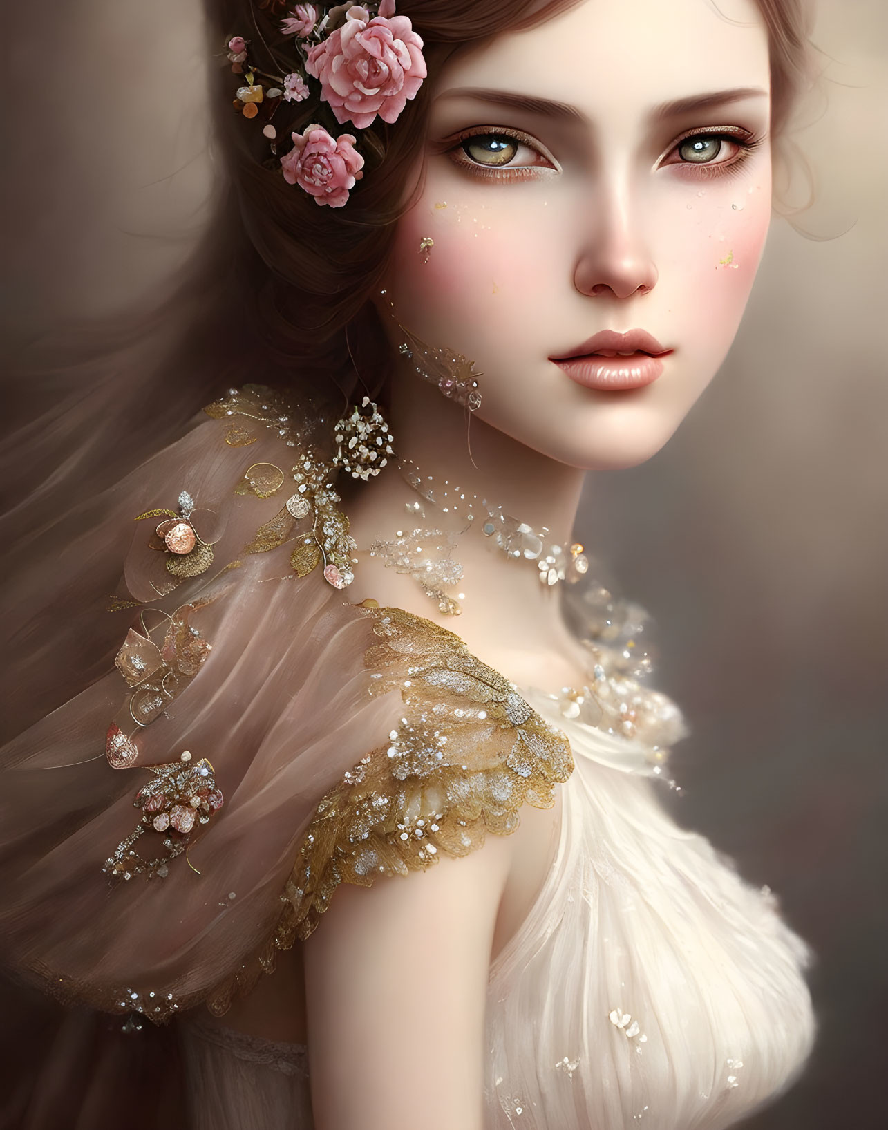 Digital art portrait of a woman with green eyes, floral hair, and gilded dress