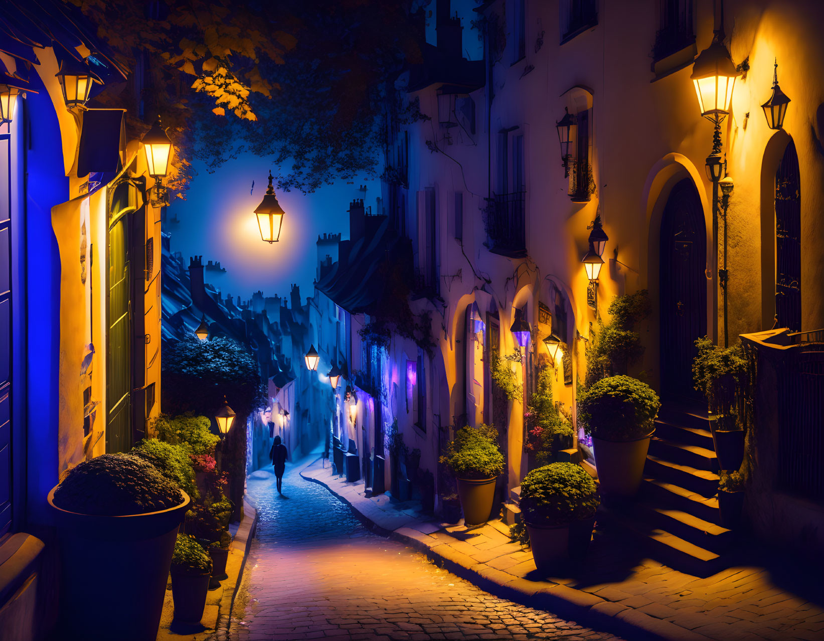 Nighttime cobblestone alley with warm street lights, blue tones, silhouettes of people,