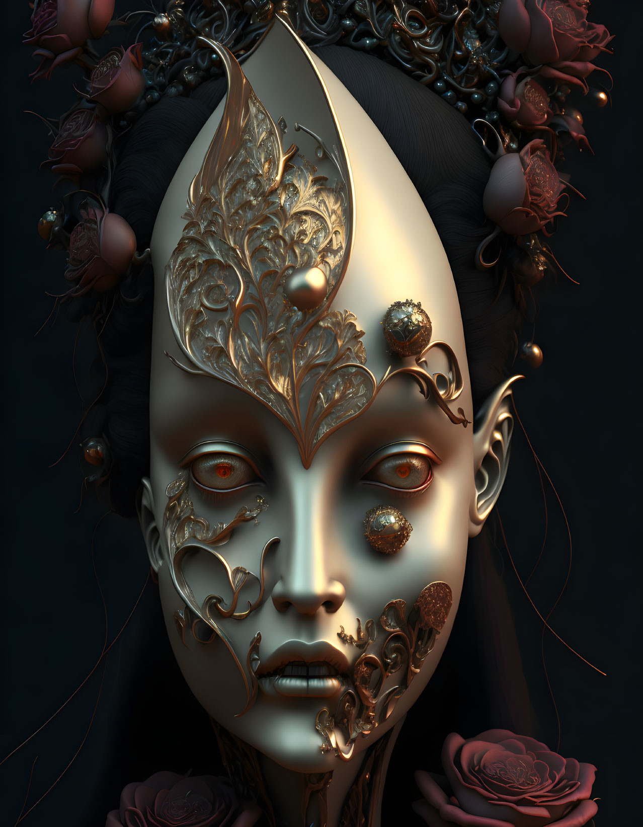 Detailed digital artwork: Face with ornate gold decorations, intricate textures, dark stylized elements, deep