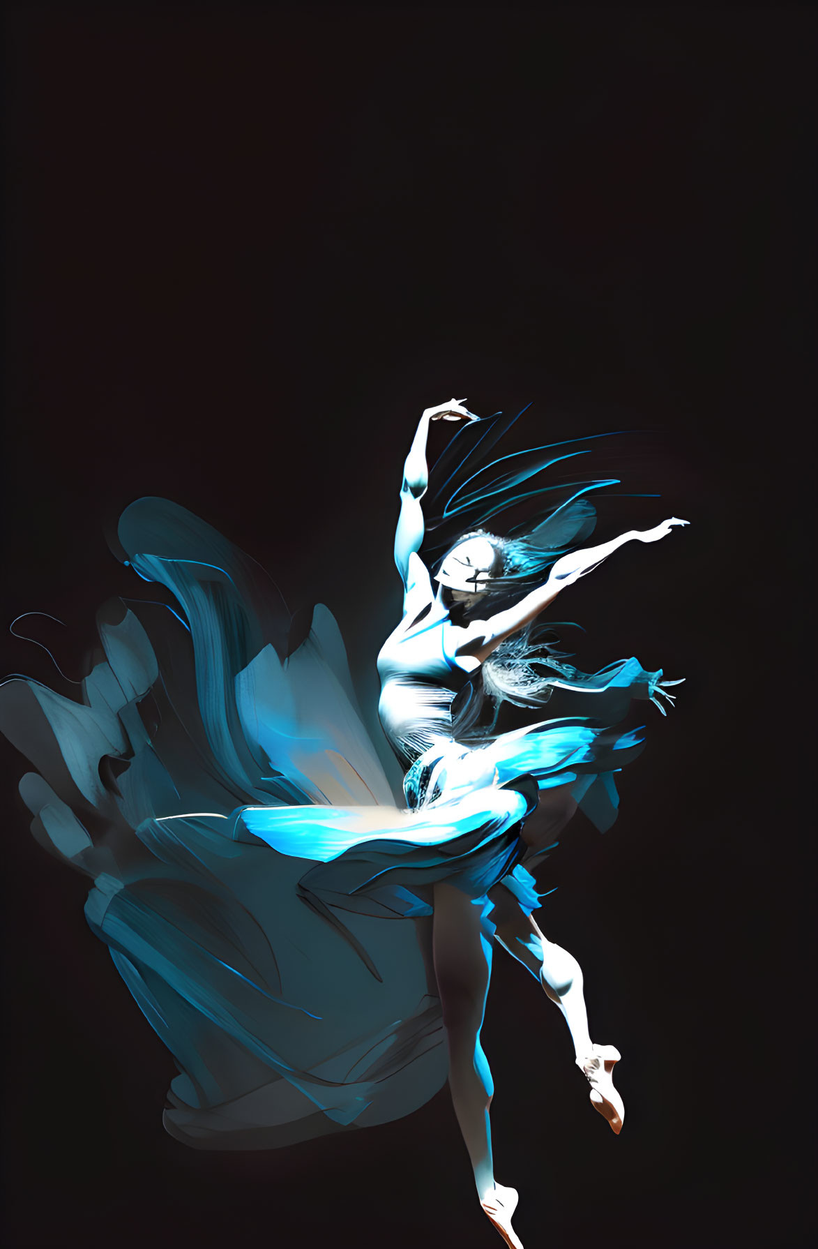 Digital artwork: Dancer in flowing blue dress on black background