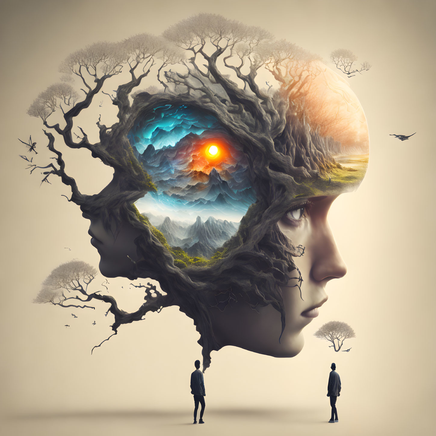 Surreal human profile illustration with landscape brain and miniature figures