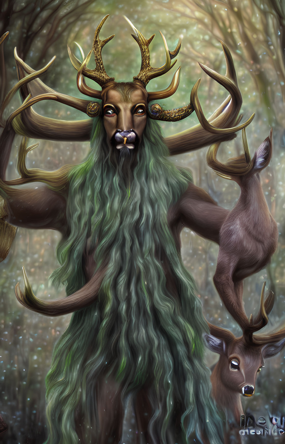 Enchanted forest creature with antlers and gold details among deer