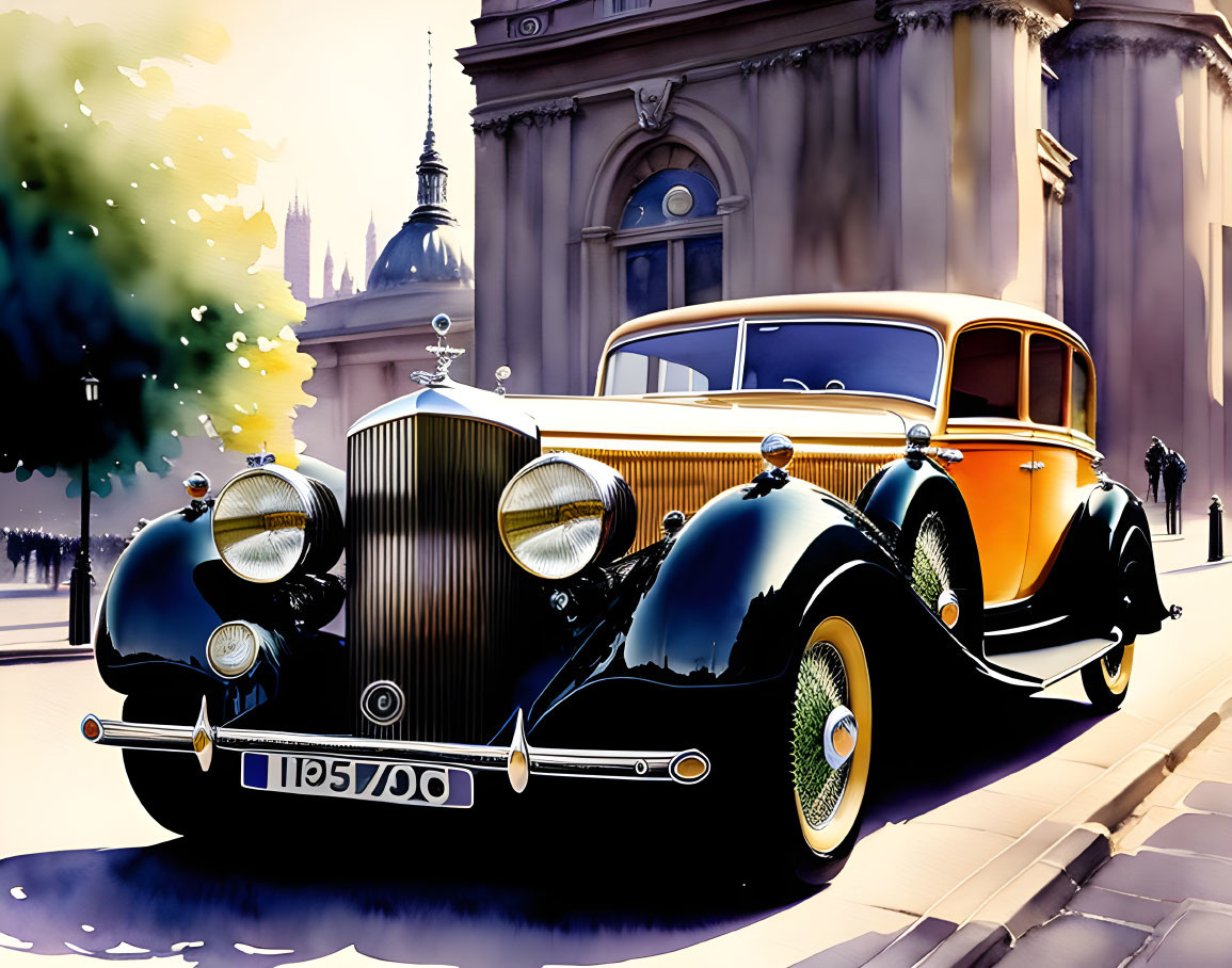 Vibrant vintage car illustration on sunny street