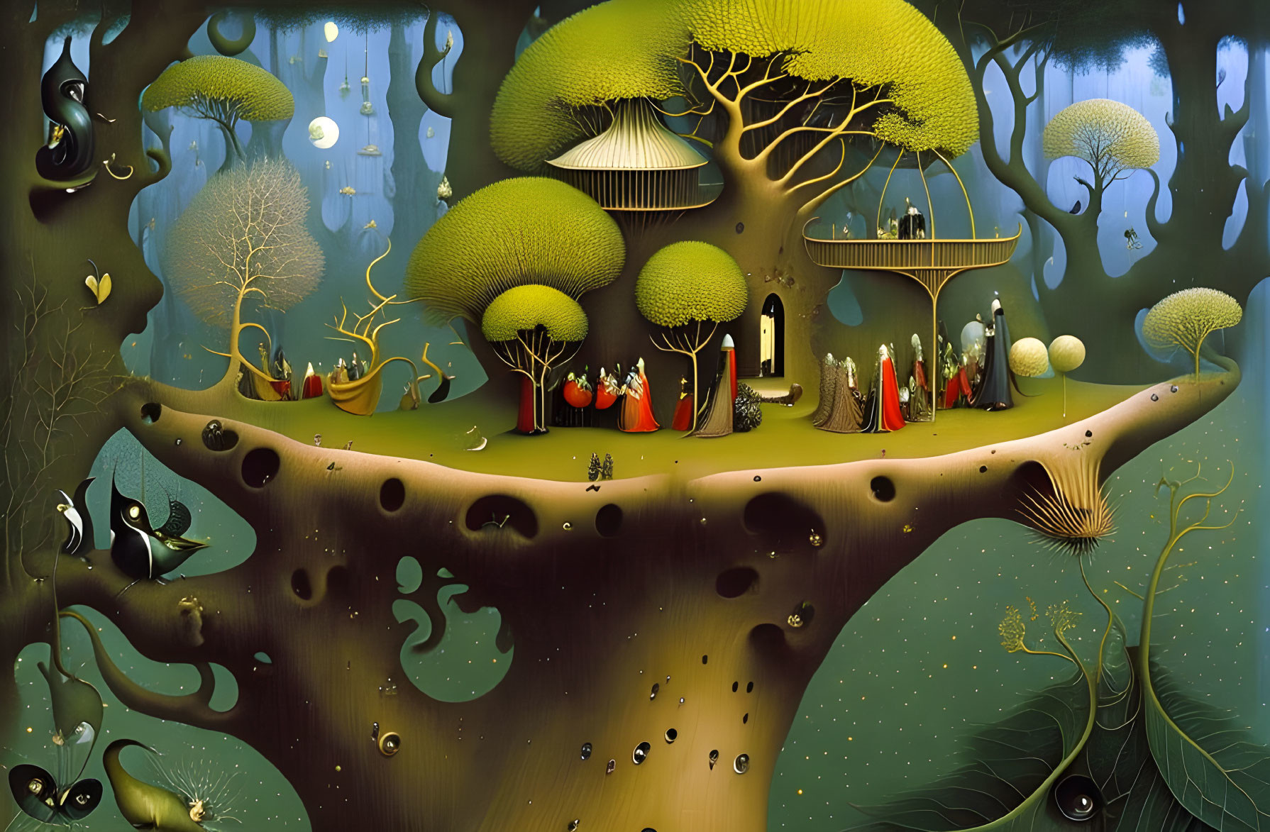 Fantasy forest with stylized trees and whimsical creatures in green and brown palette