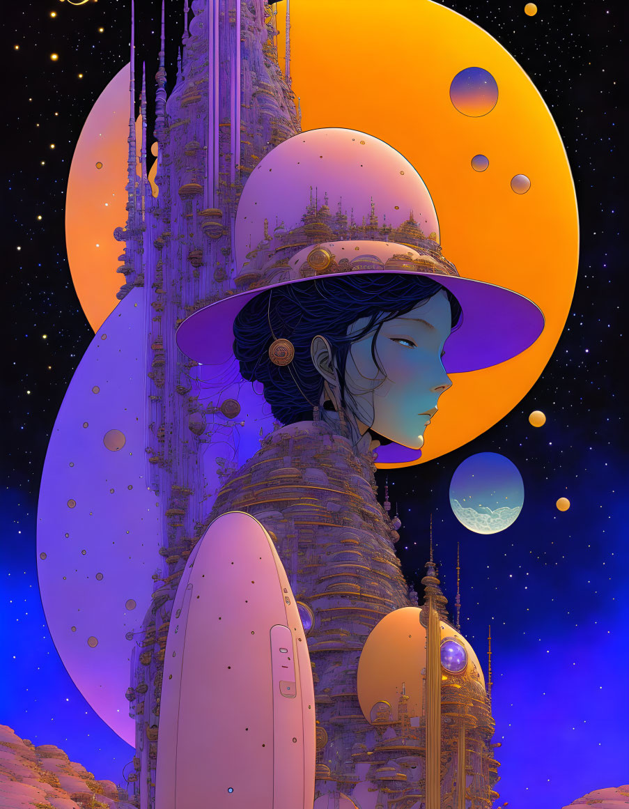 Detailed futuristic person illustration with architectural clothing in space.