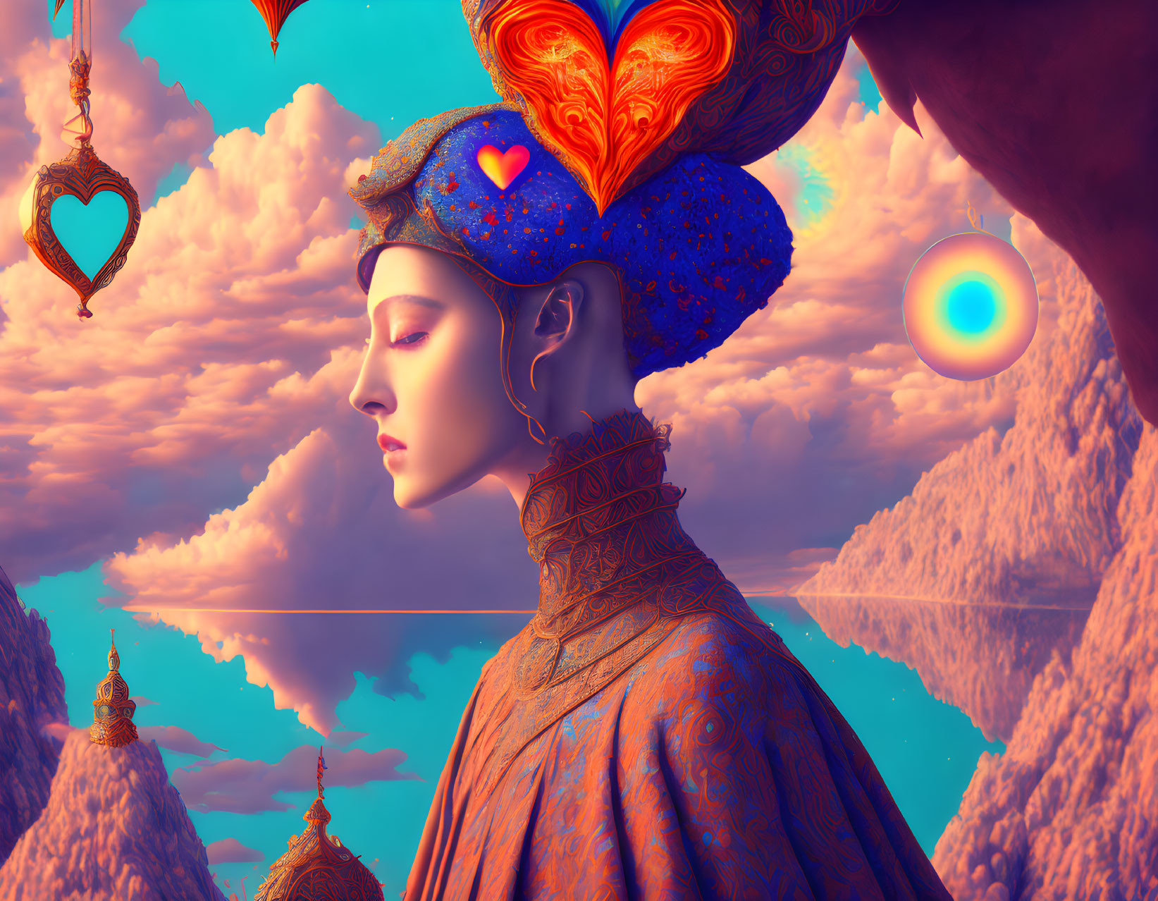 Surreal portrait of person with ornate headdress against vivid clouds